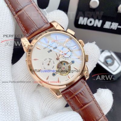 Perfect Replica Patek Philippe Tourbillon Replica Watches - Rose Gold Brown Leather Strap